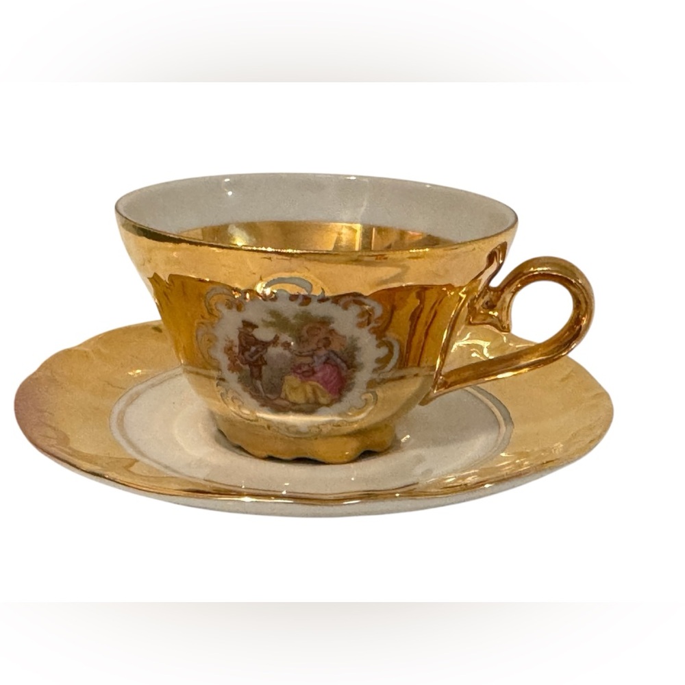 Vintage STW Bavaria Germany Demitasse Teacup and Saucer Gold and White.